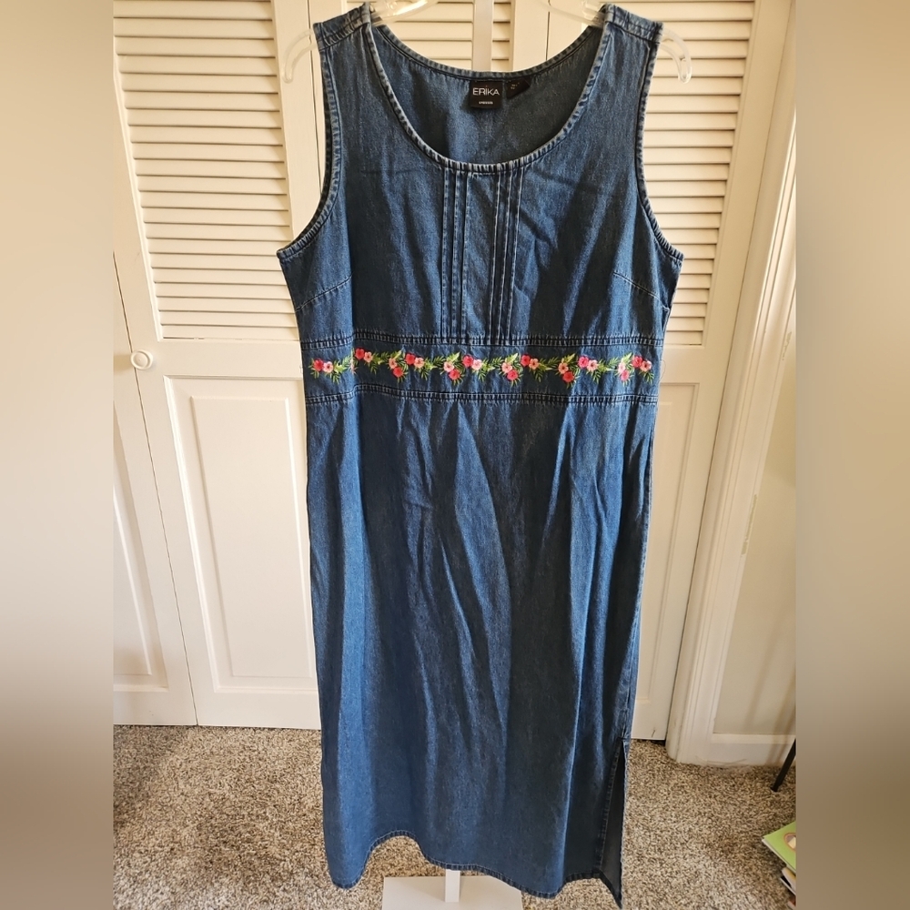 Erika Denim Cottage Dress Sleeveless Maxi Casual Embroidered Dress Size Large